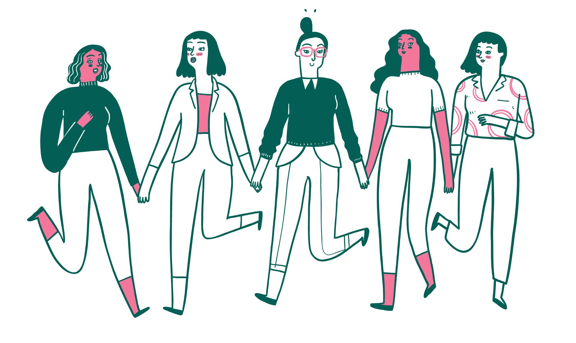 Illustration of five women walking hand in hand